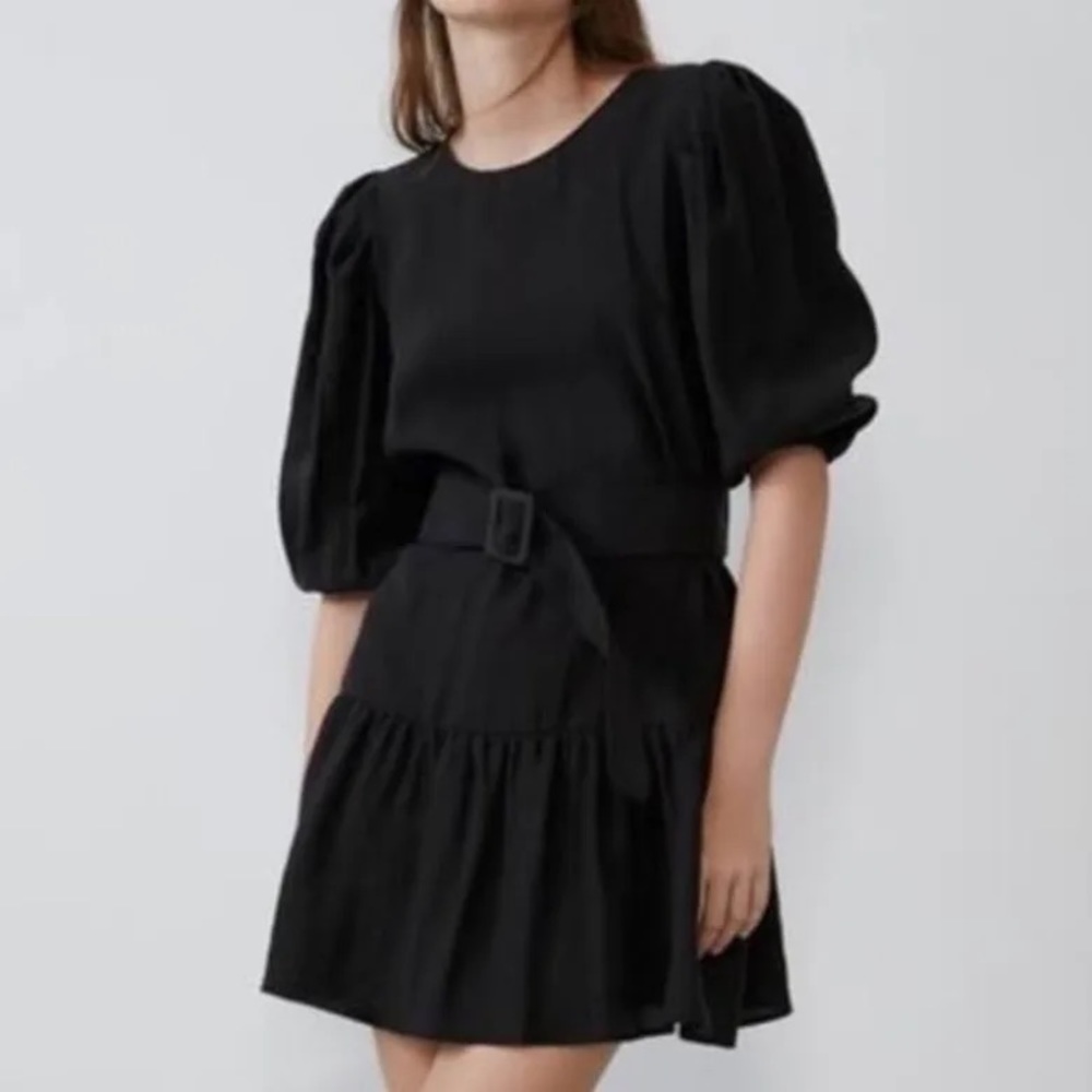 Zara black puffed sleeved dress with belt